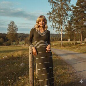 Vintage 60s 70s Maxi Dress Swedish Metallic Knit Striped V Neck Sweater Mod MCM